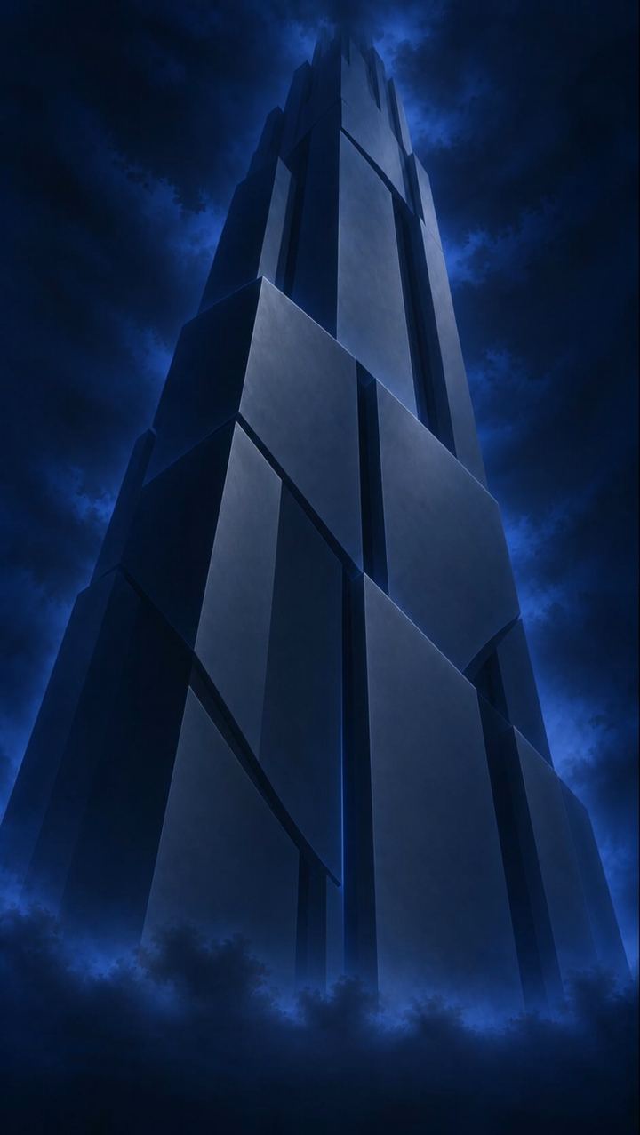 The Afarward tower rising through a blue storm